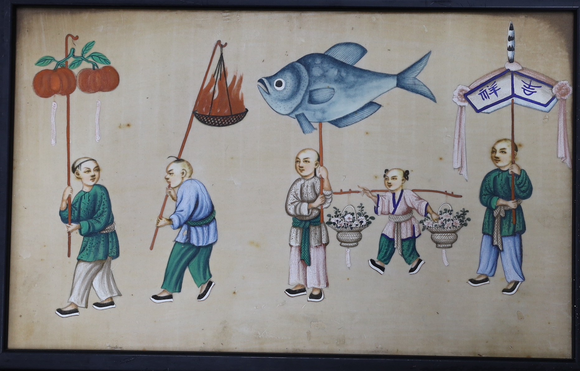 19th century Chinese School, six gouache on pith paper, Figures in a procession, 19.5 x 31cm